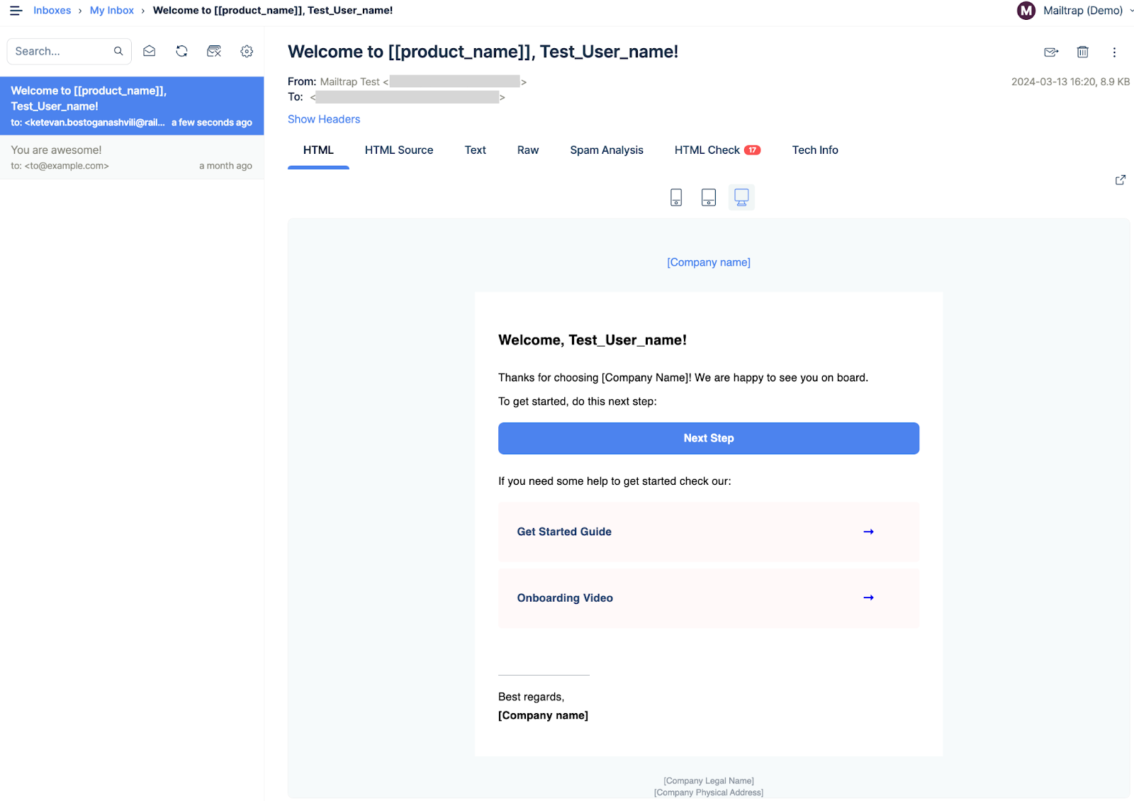 Email Testing sandbox showing received test email with template content