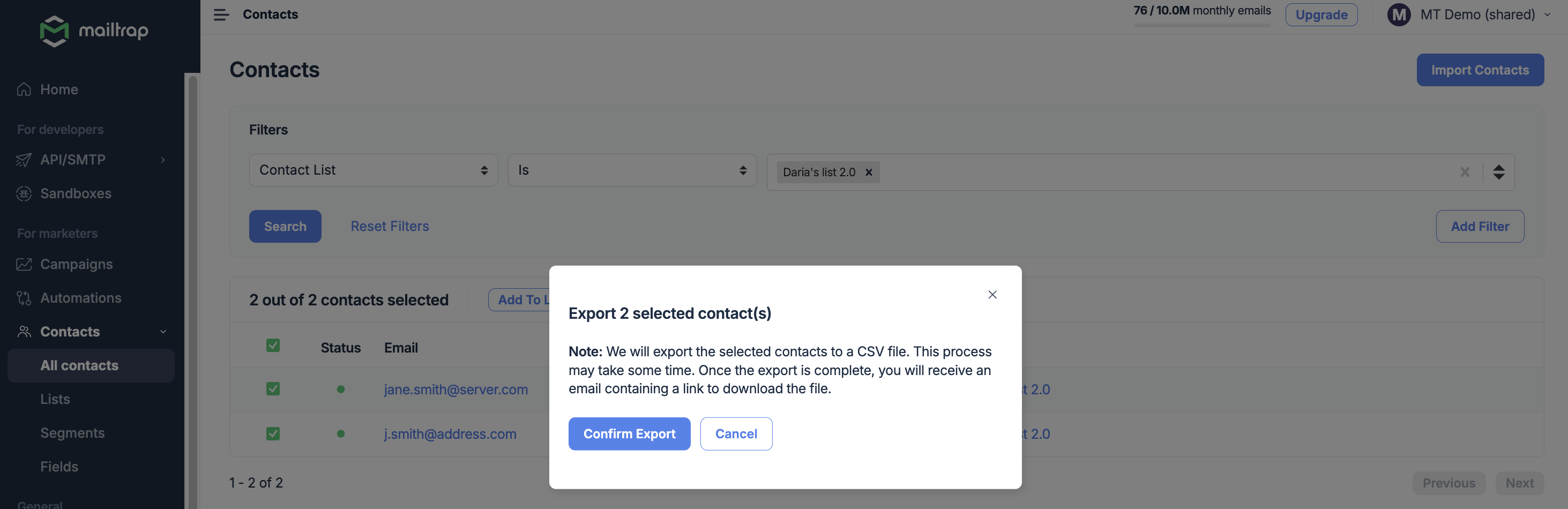 Confirmation dialog to export contacts