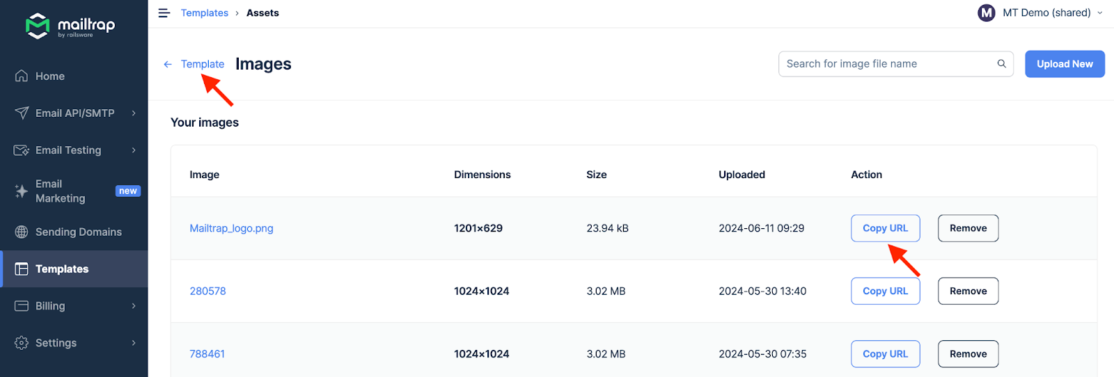 Images library showing uploaded images with Copy URL button highlighted