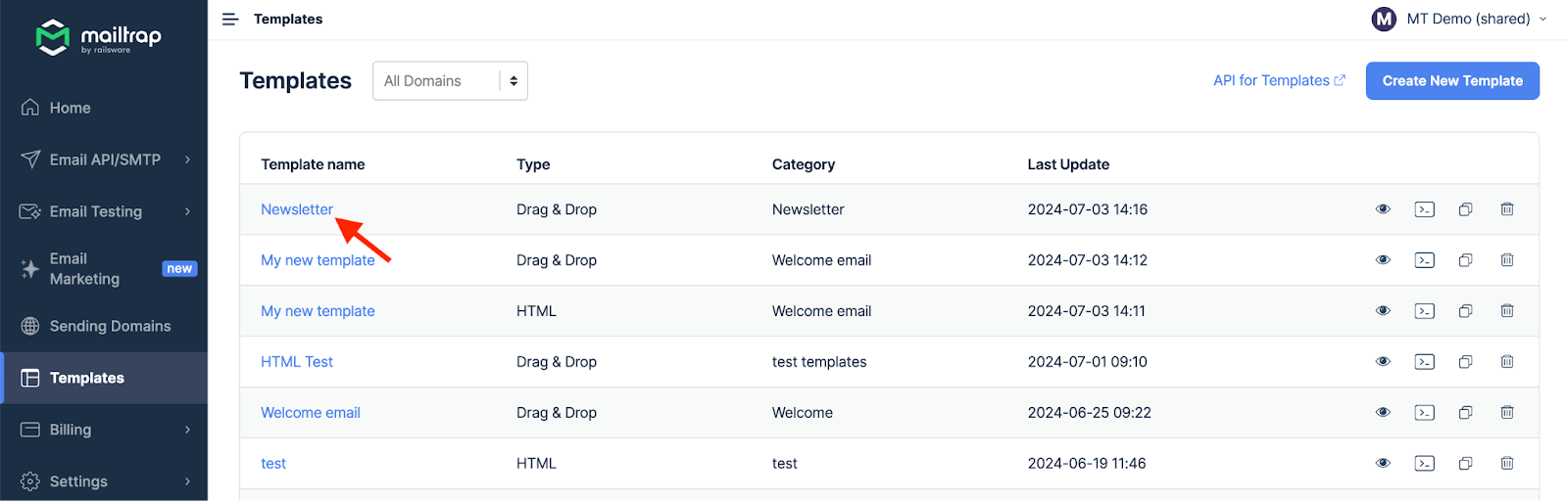 Templates list showing Newsletter template highlighted by red arrow
