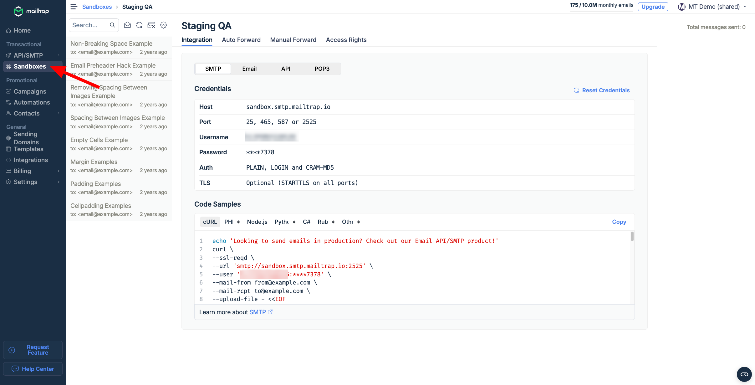 Navigation menu showing Email Testing section with Sandboxes option