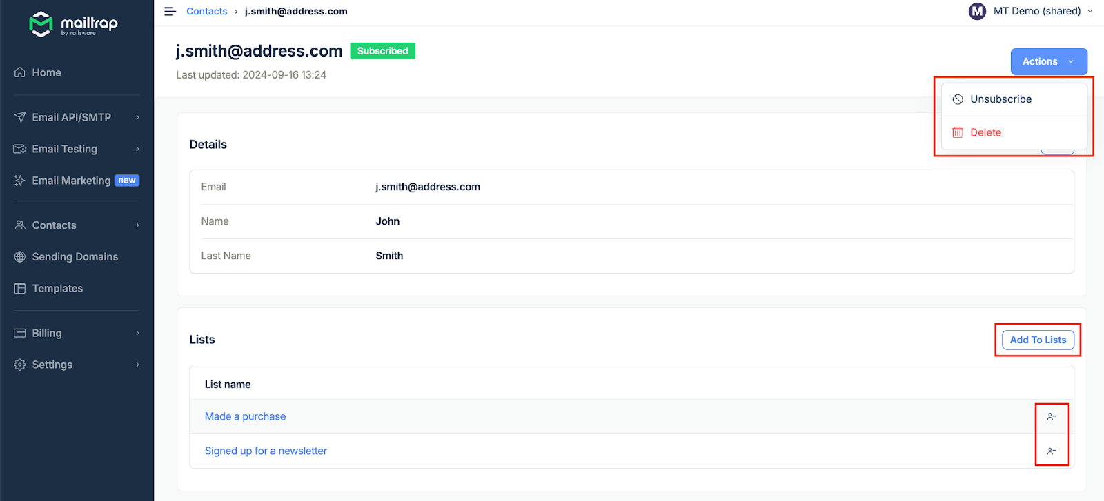 Contact actions menu with delete, unsubscribe, and edit options