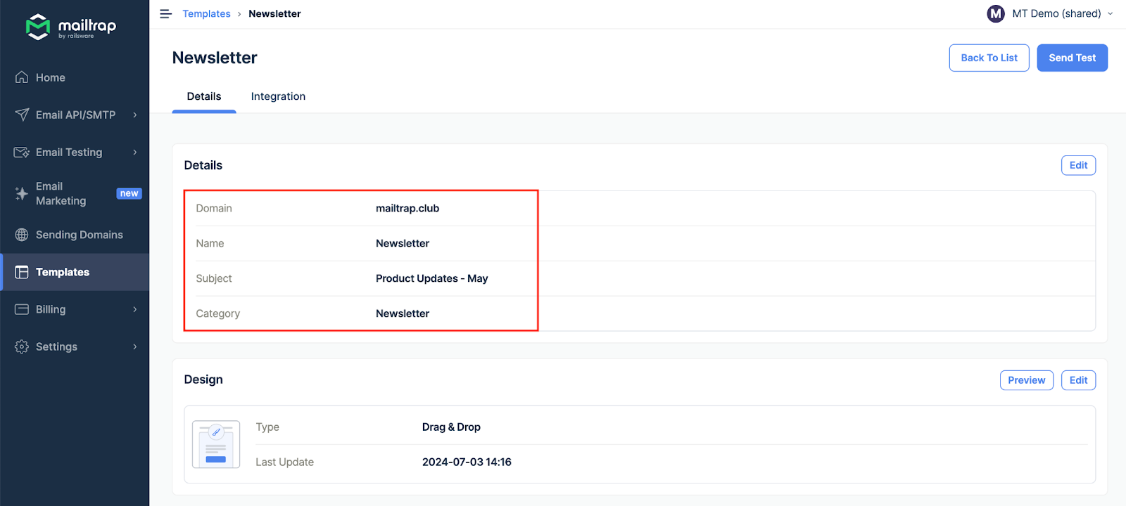 Template Details page showing domain, name, subject, and category fields in a bordered section