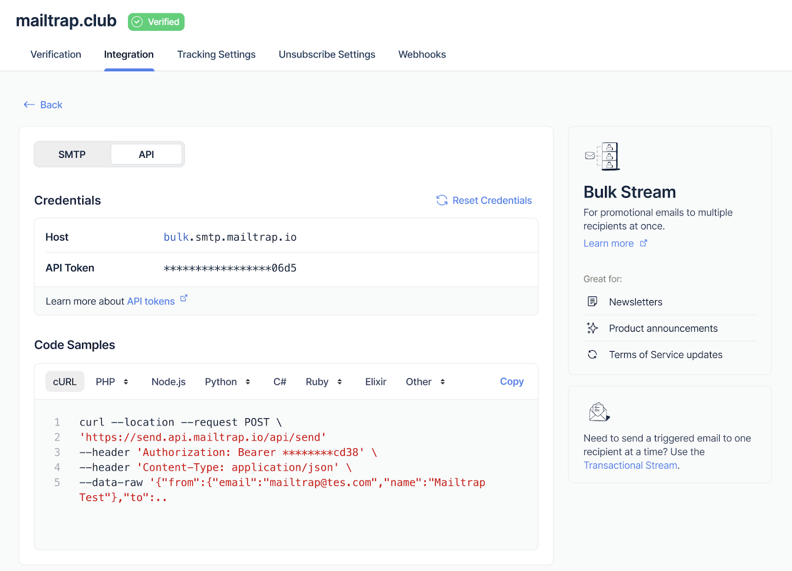 Bulk Stream API credentials with host and API token