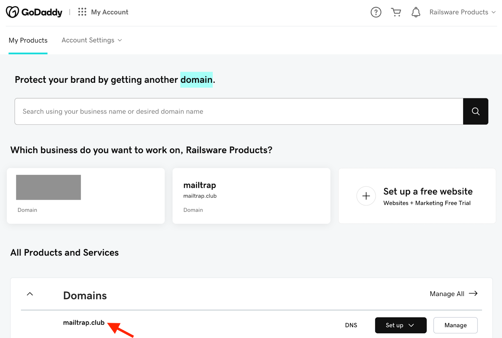 GoDaddy domain list showing mailtrap.club domain