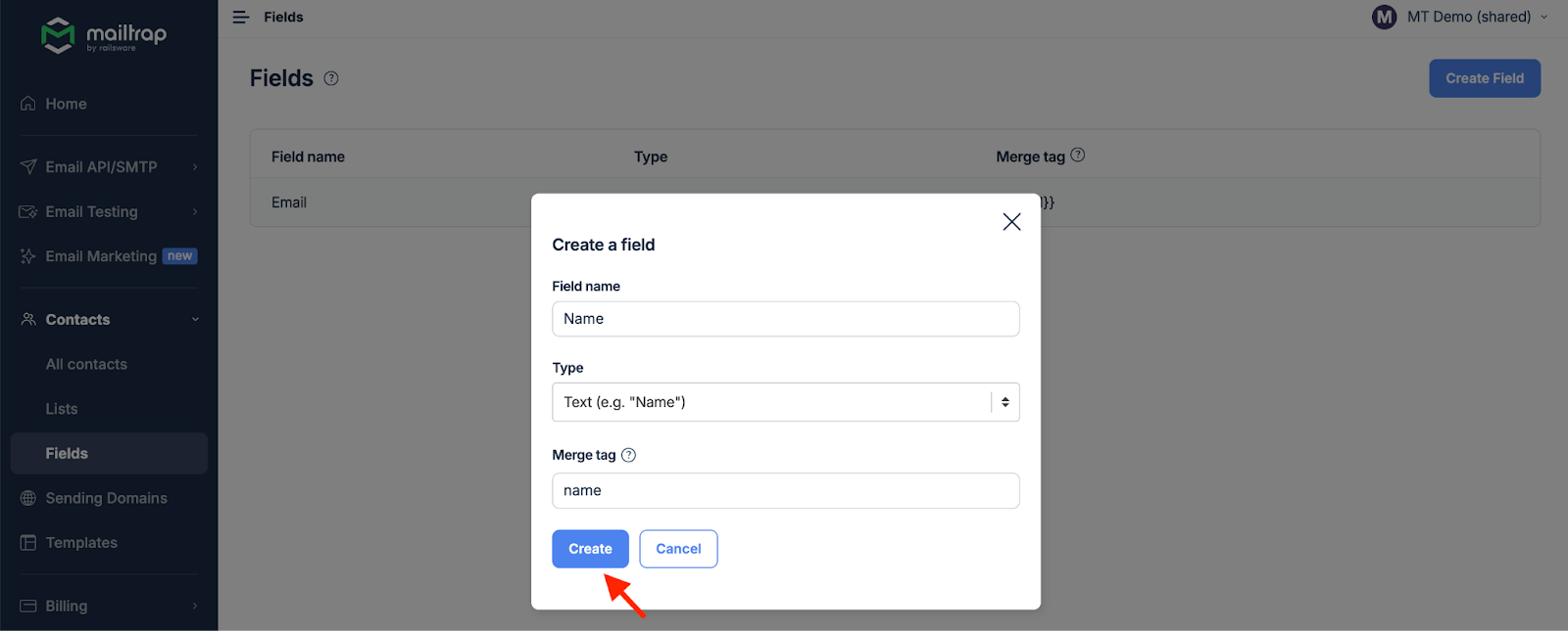 List of created contact fields including name and email