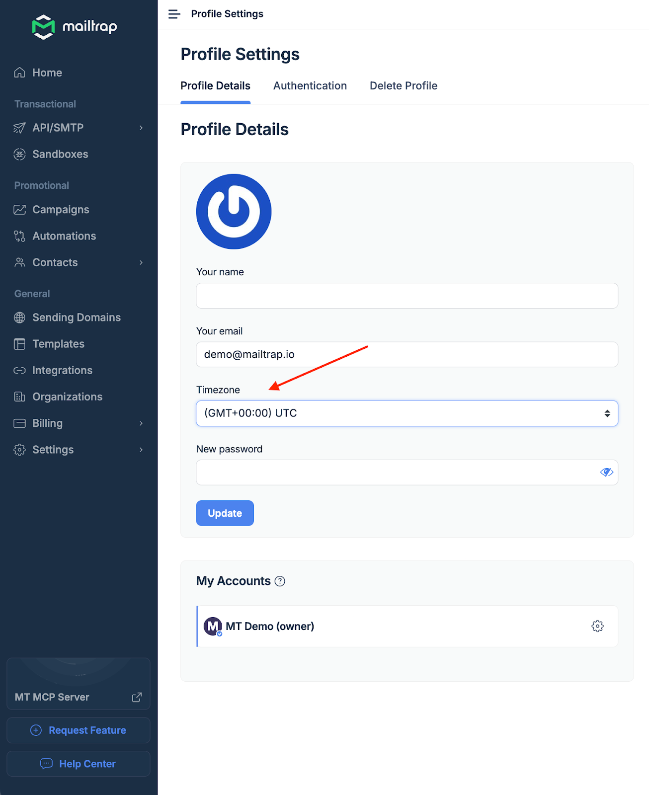 Profile Settings page with timezone dropdown highlighted showing UTC timezone selection
