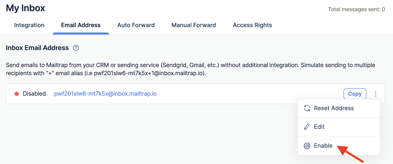 Email Address menu with Enable option highlighted