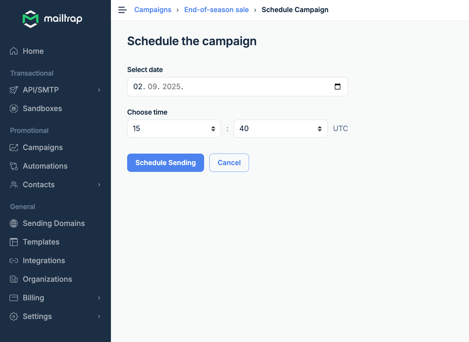 Schedule campaign form with date and time picker