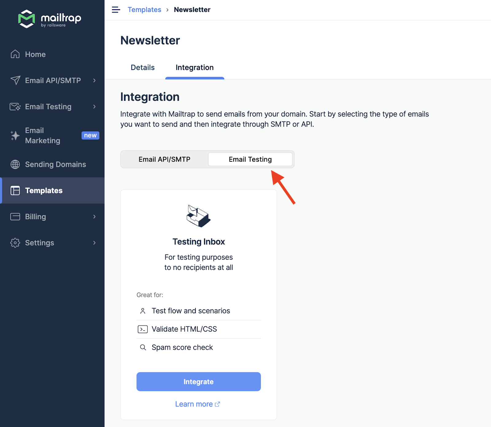 Integration page with Email Testing toggle highlighted by red arrow