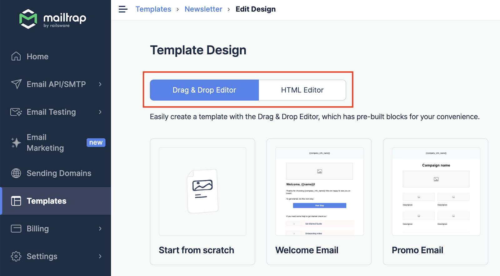 Template selection page with Drag & Drop and HTML editors