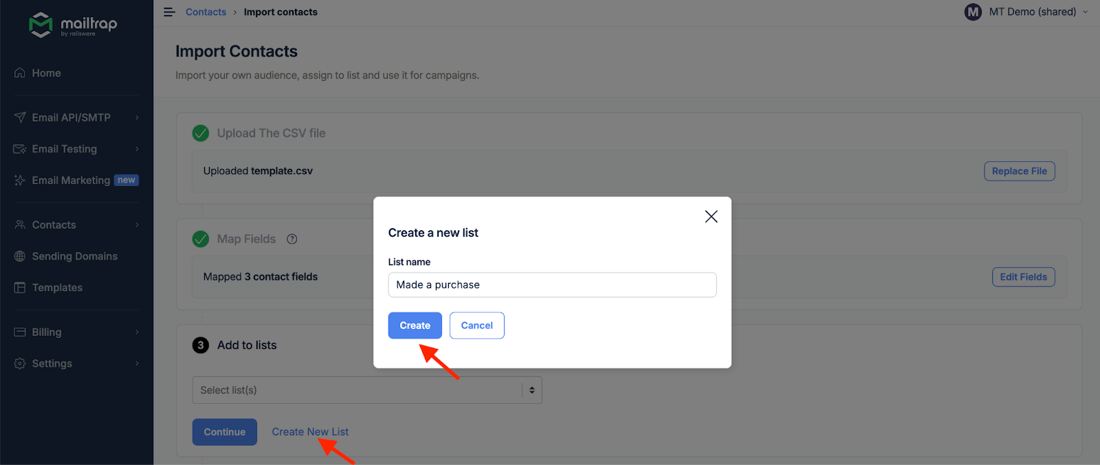 Form to create a new contact list