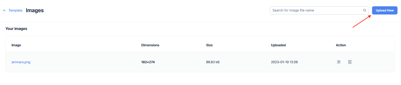 Images library page showing Upload New button highlighted in top right