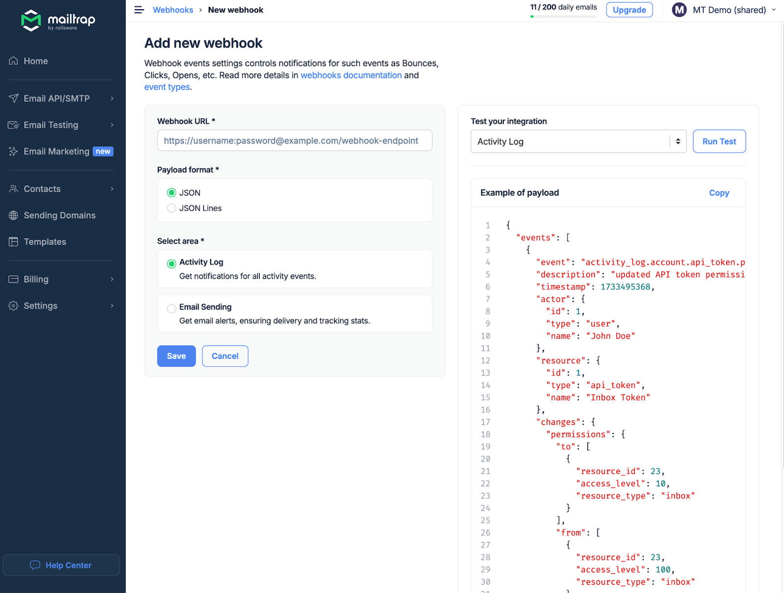 Add new webhook form with Activity Log selection and JSON payload example