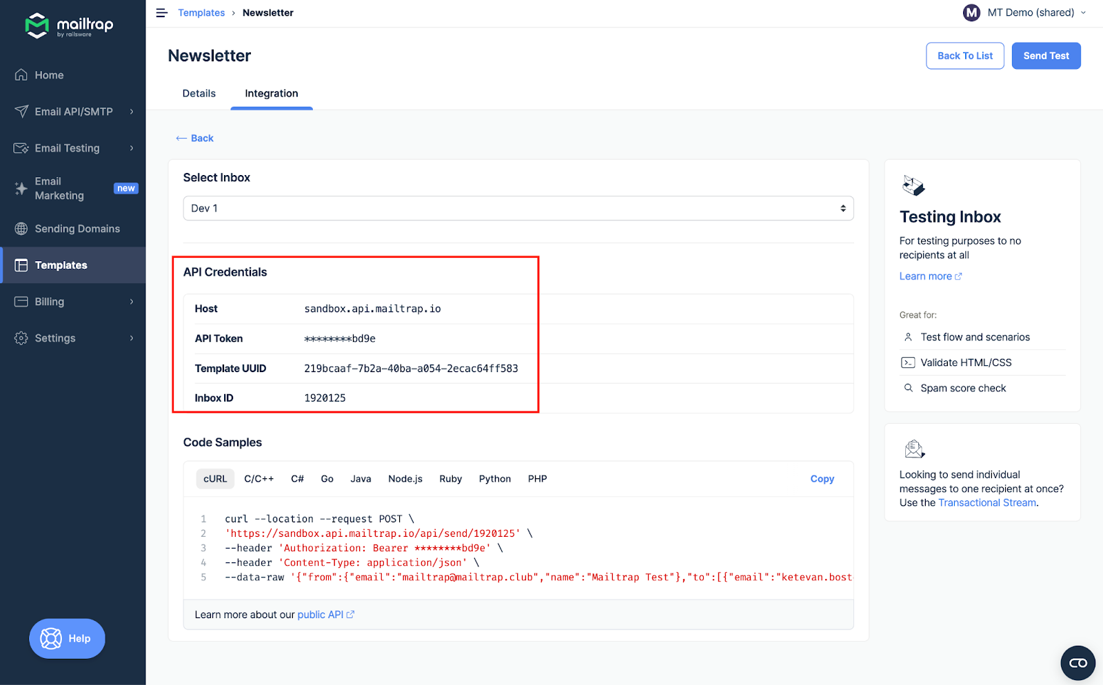 Sandbox integration showing API credentials and code samples with sandbox dropdown