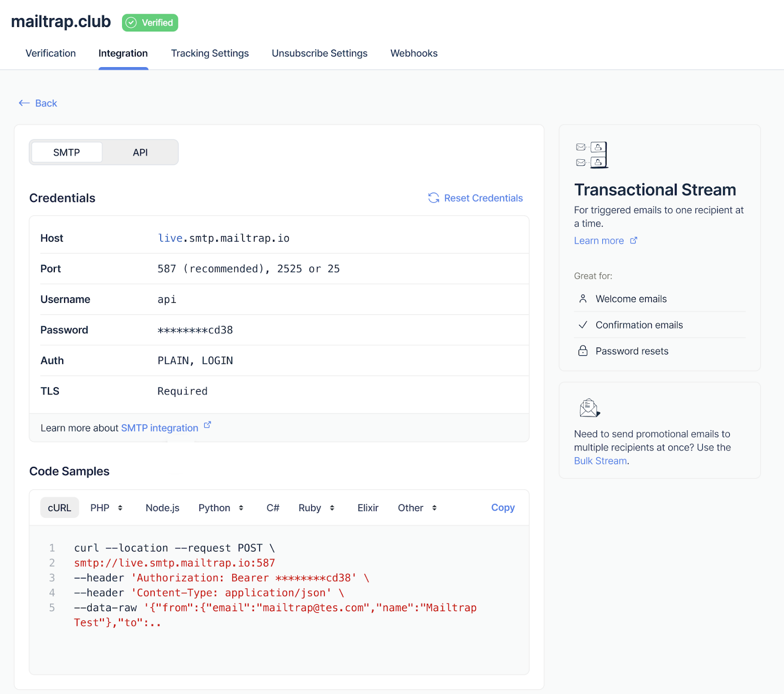 SMTP integration credentials and code samples