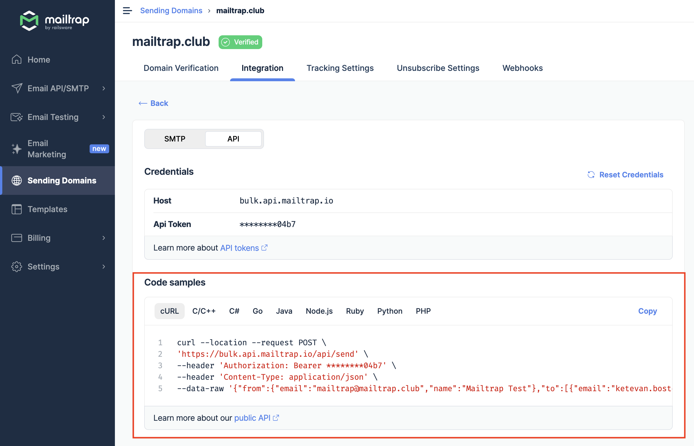 Code Samples dropdown for Bulk Stream showing available programming languages and frameworks