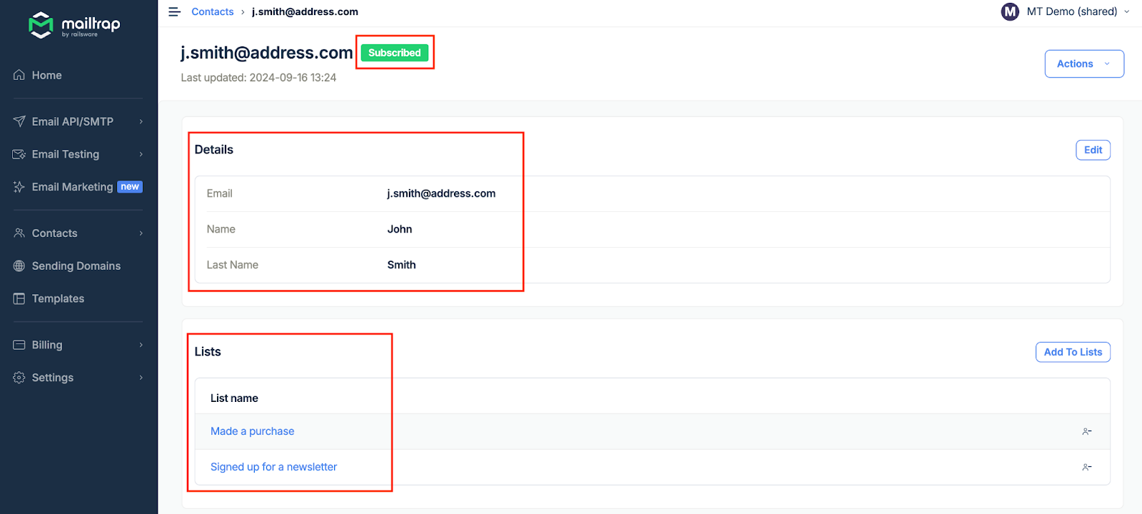 Contact details page showing subscription status and associated fields