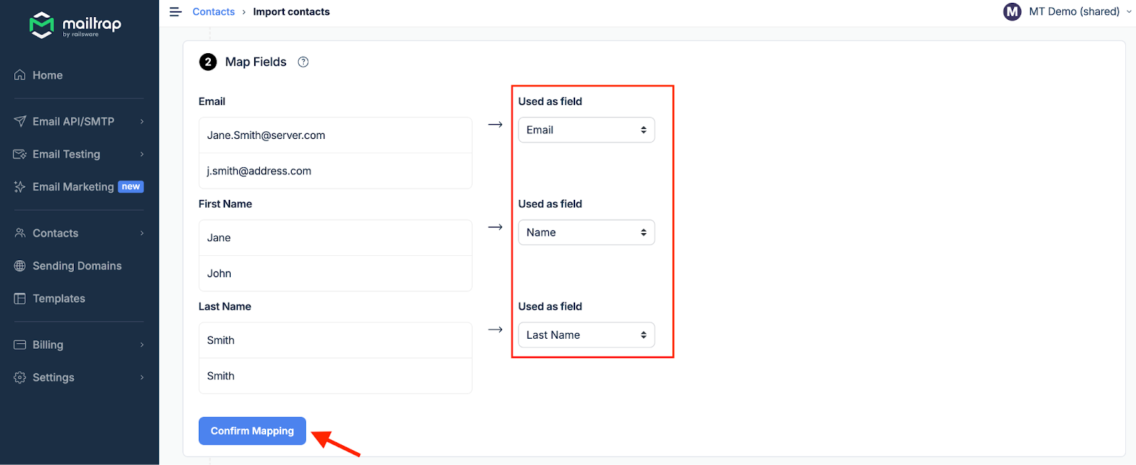 Field mapping interface to assign CSV columns to contact fields