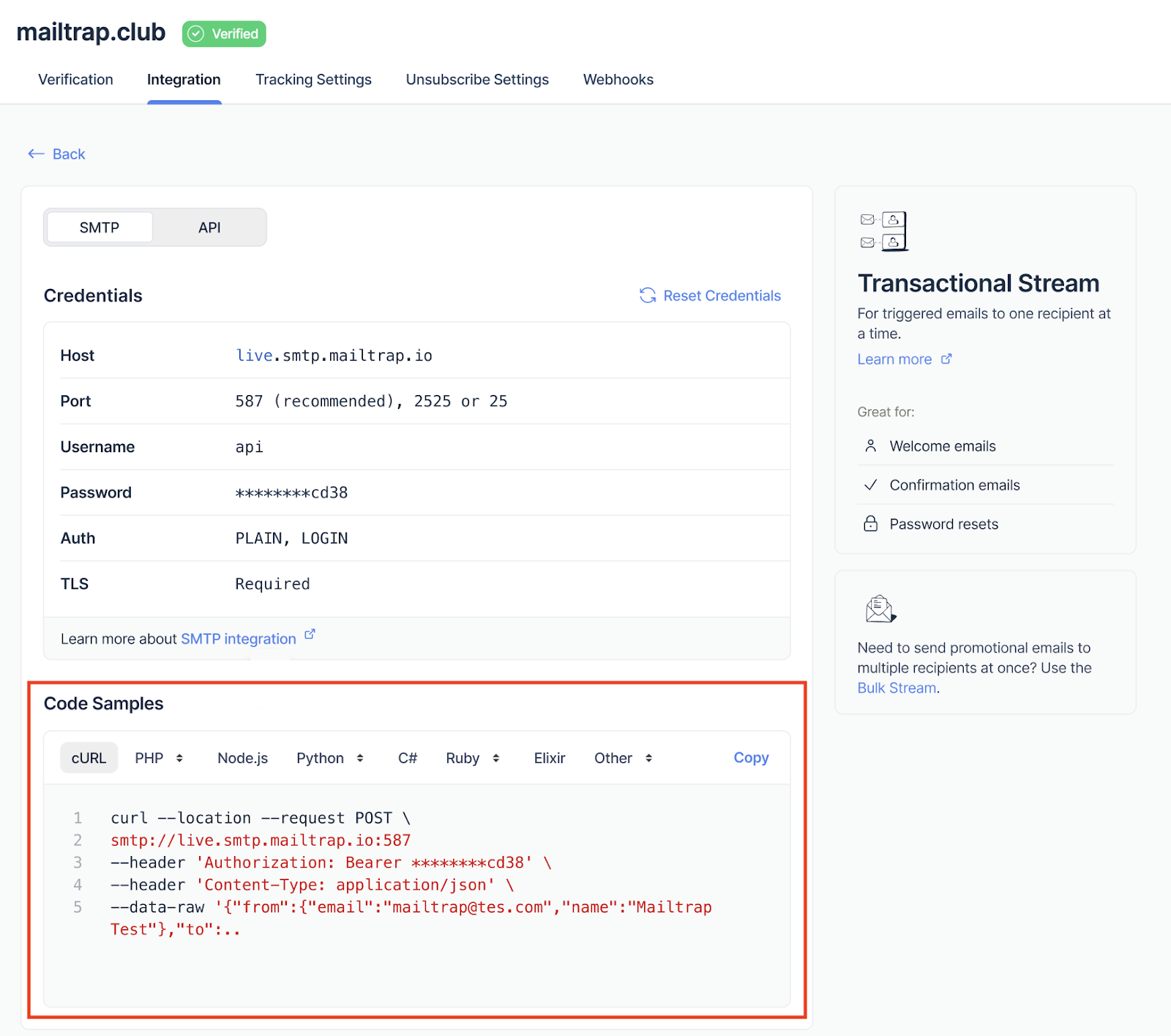 Code Samples section in Mailtrap showing cURL integration example