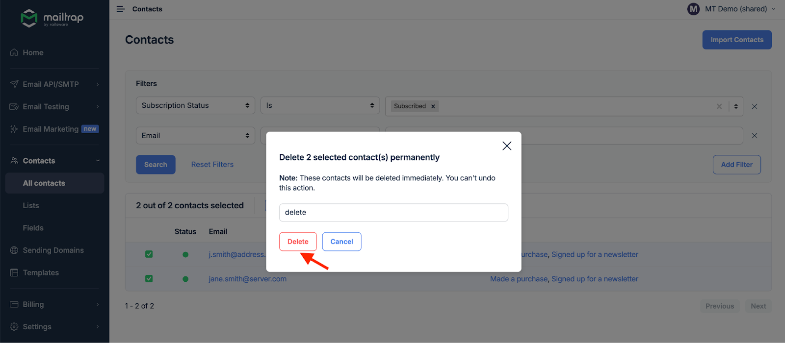 Confirmation dialog to delete contacts with warning