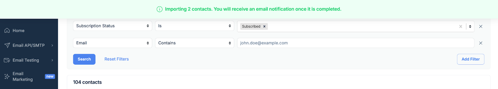 Success notification after contacts are imported