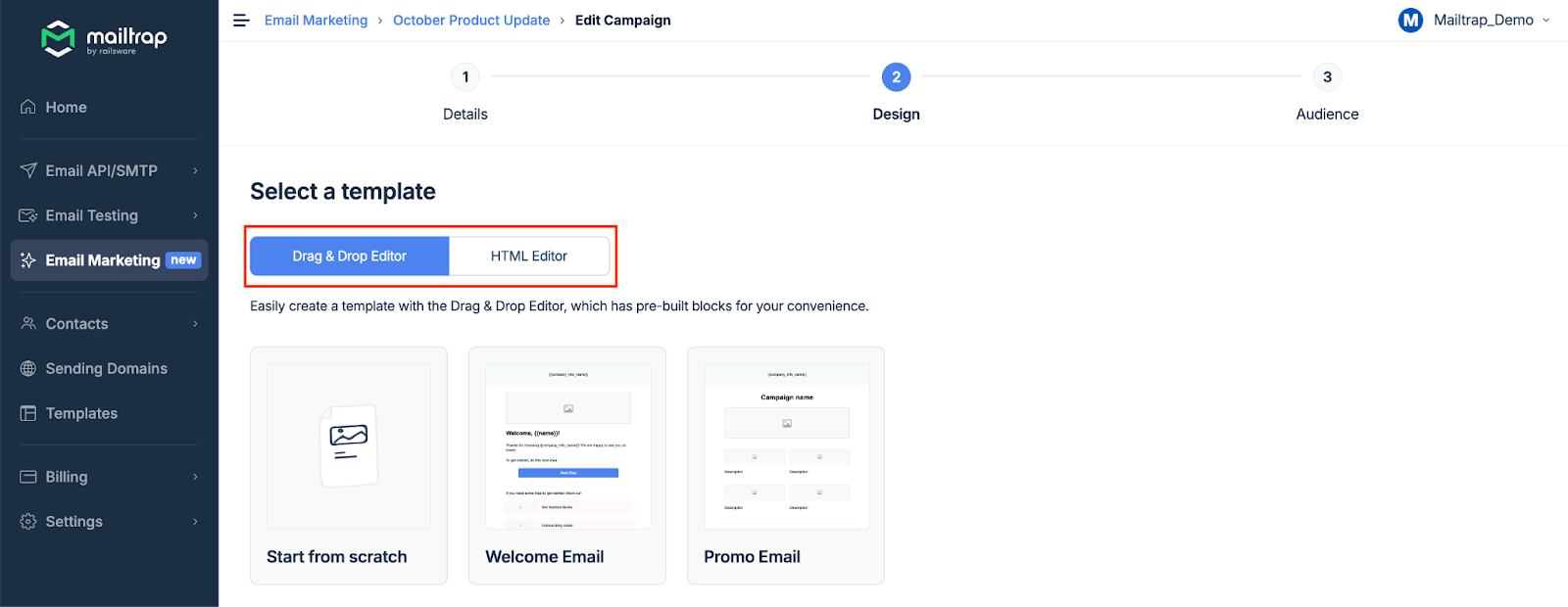 Drag and drop email editor interface