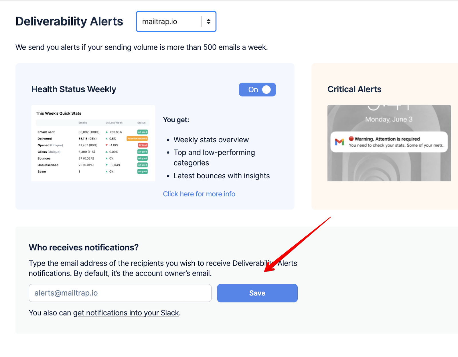 Mailtrap Deliverability Alerts settings page showing notification recipients field with Save button
