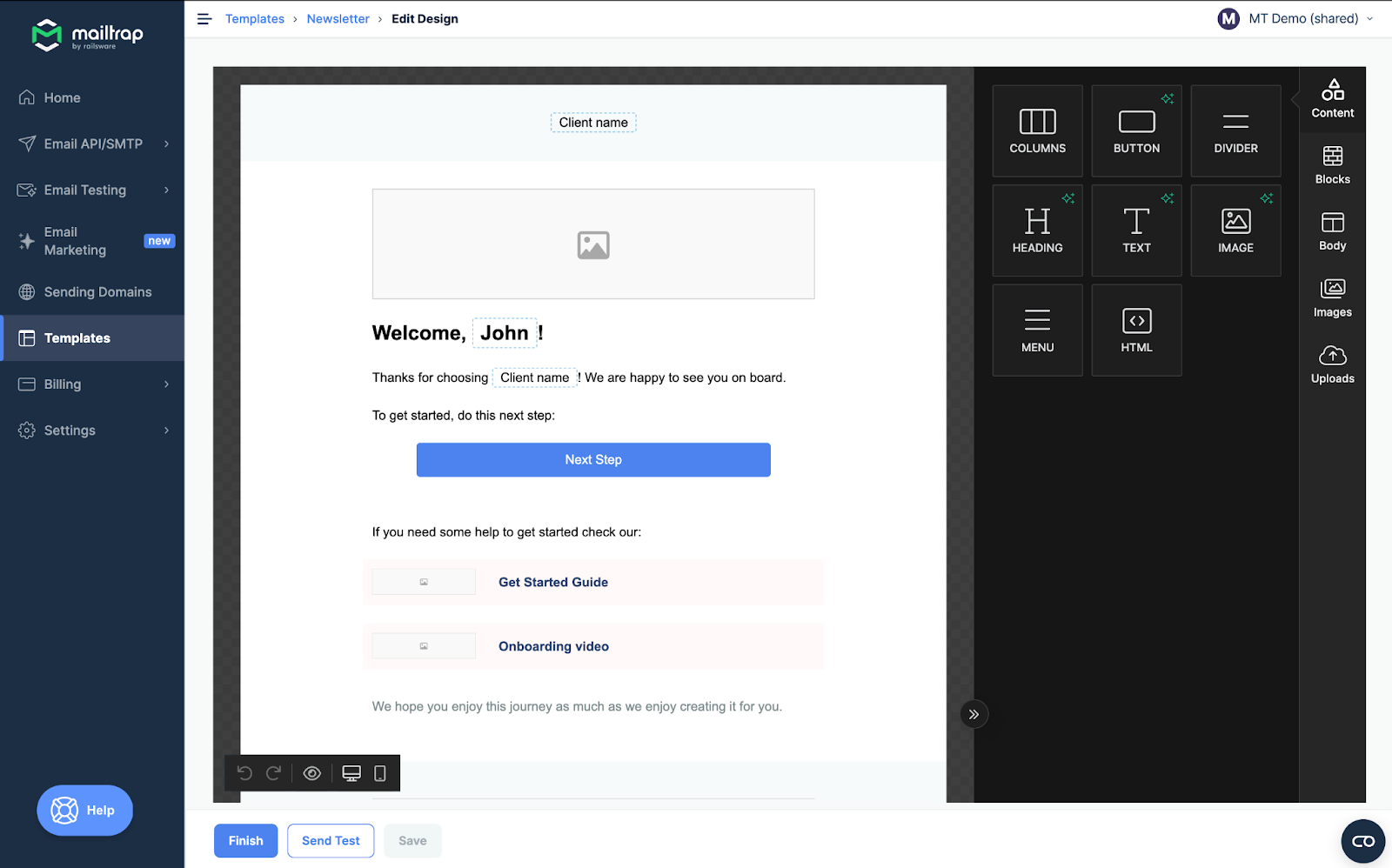 Drag and Drop Editor interface showing template preview in center with blocks and content options on right sidebar