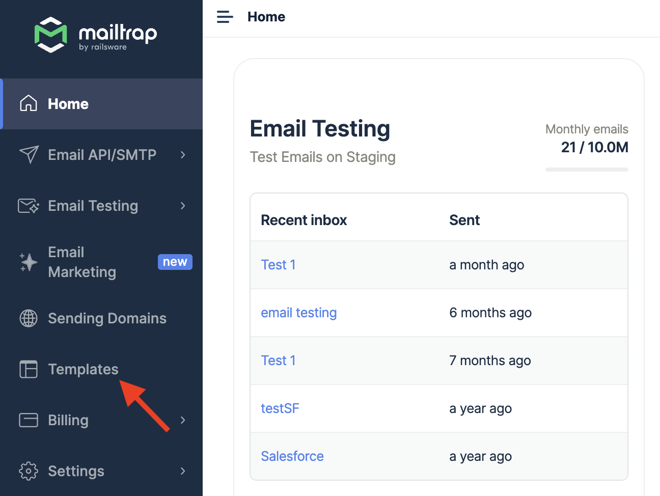 Mailtrap sidebar with Templates menu item highlighted by red arrow