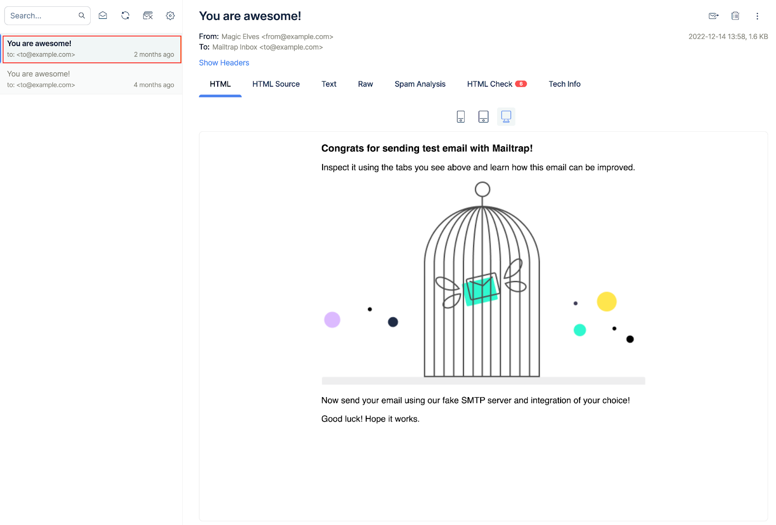 Test email displayed in Mailtrap sandbox inbox