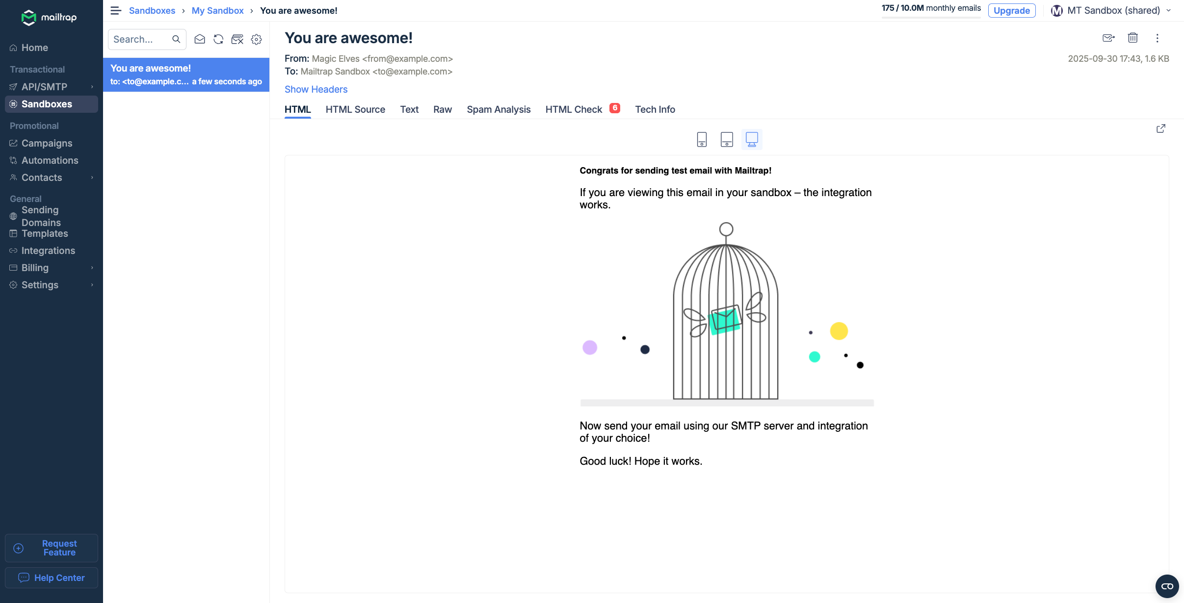 Sandbox inbox displaying received test email message