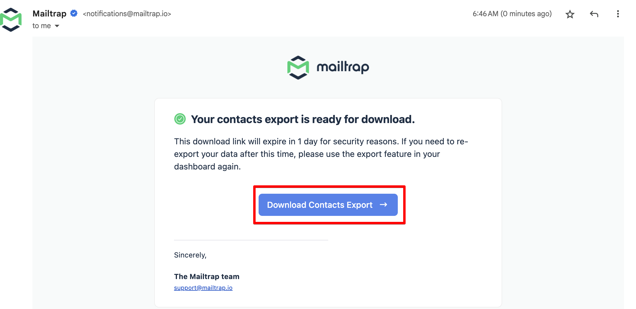Email notification with download link for exported contacts