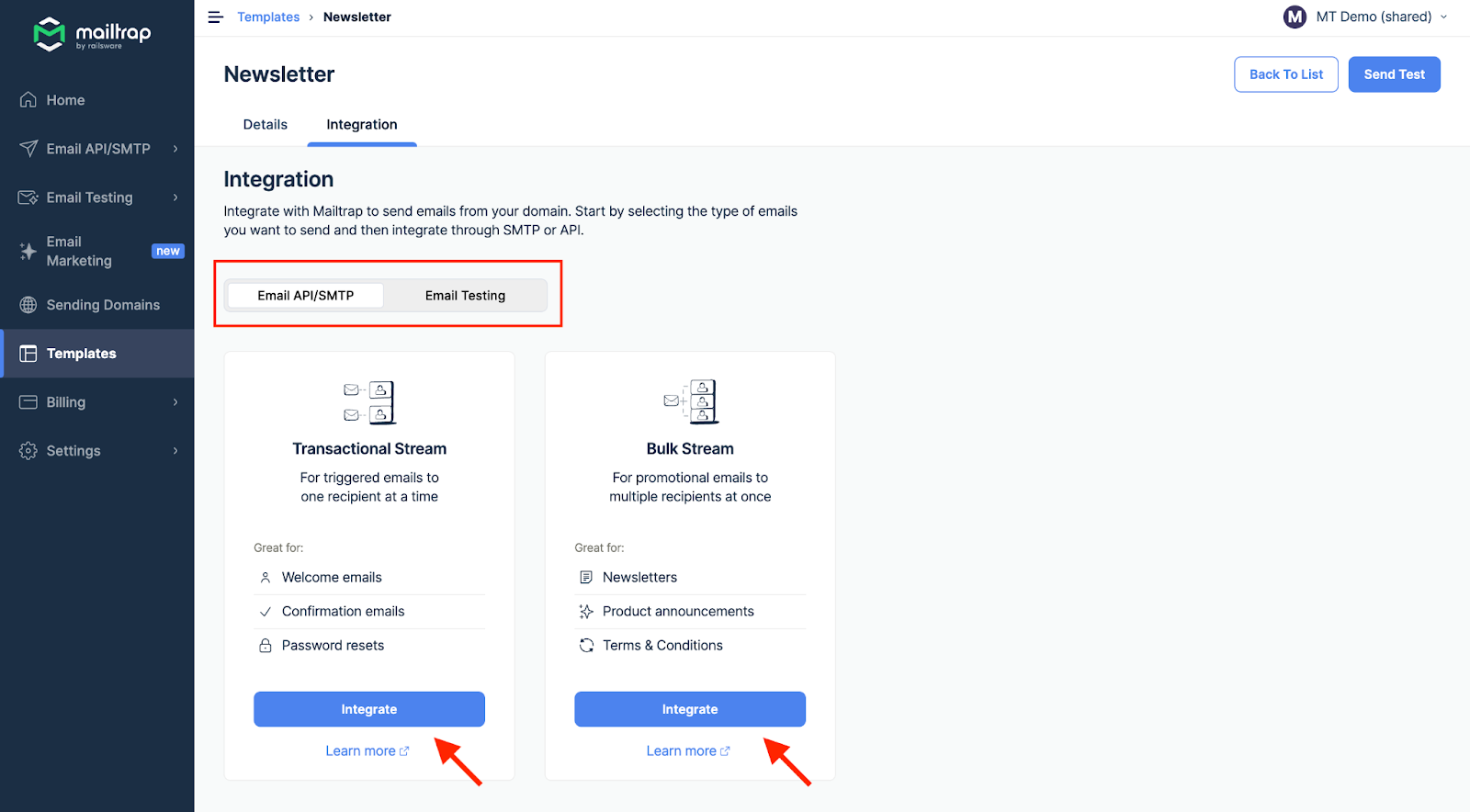 Integration page showing Transactional Stream and Bulk Stream options with Integrate buttons highlighted by red arrows