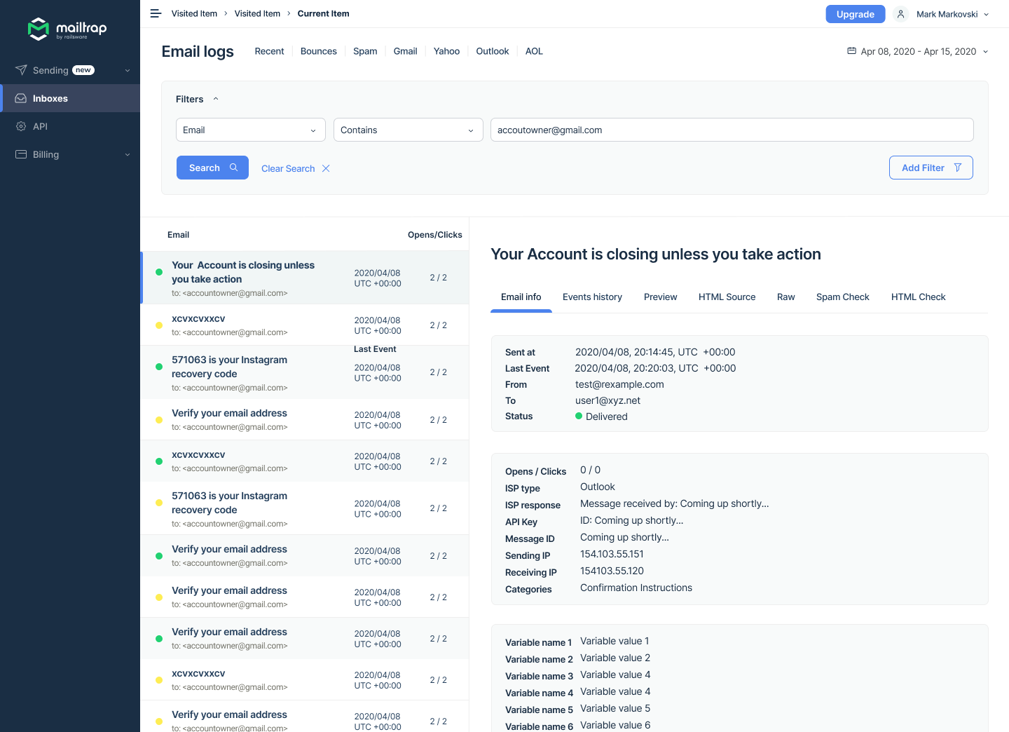 Email info tab showing custom variables in Mailtrap interface