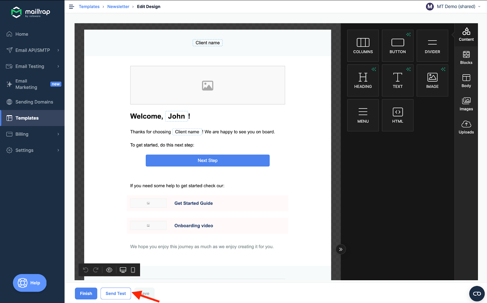 Template editor showing Send Test button highlighted in top right