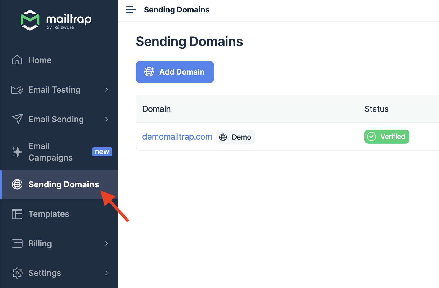 Sending Domains navigation menu in Mailtrap