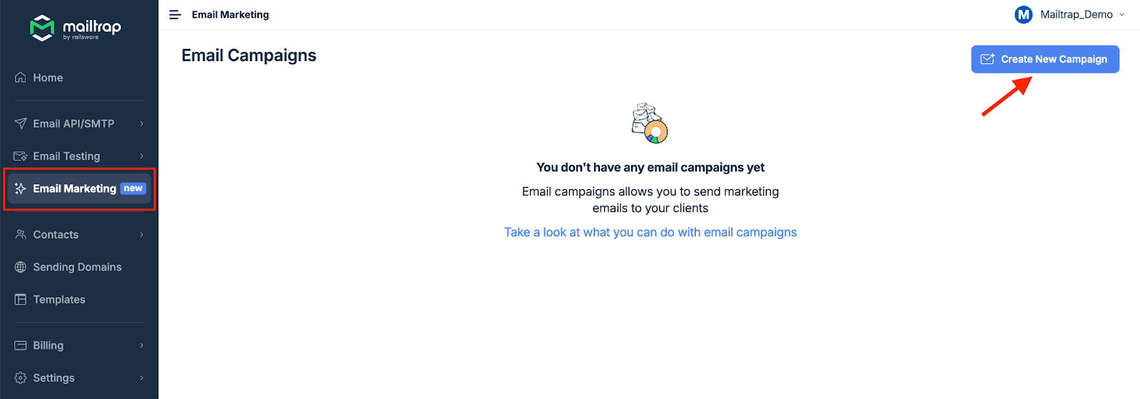 Email Marketing page with Create New Campaign button