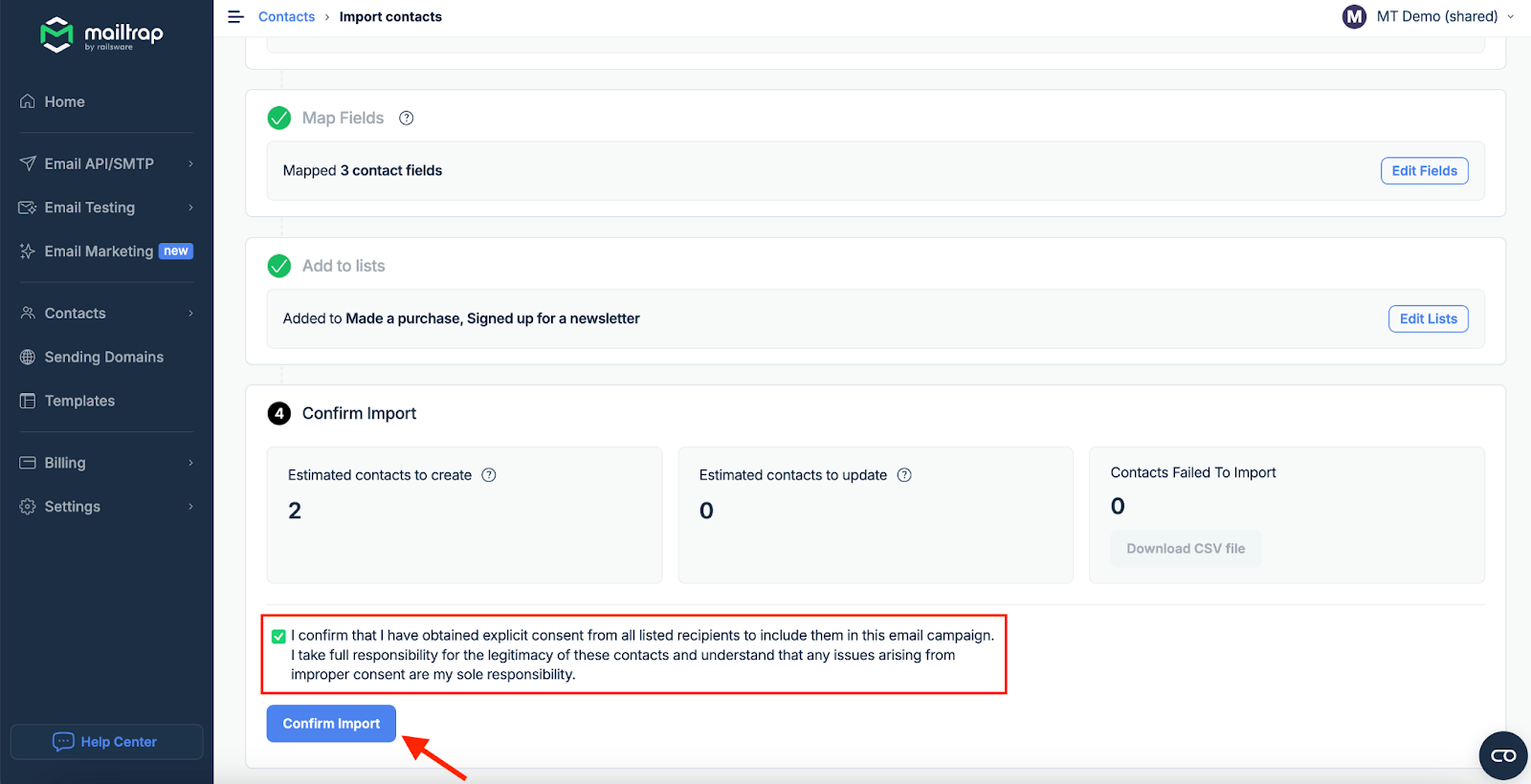 Consent confirmation checkbox before importing contacts