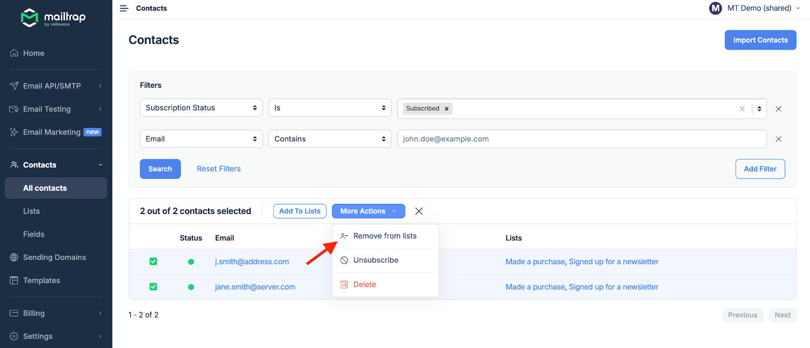 Bulk action menu showing Remove from lists option