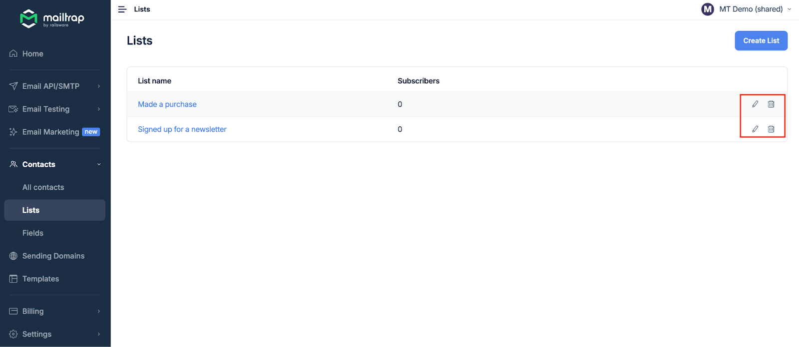 Lists management page showing all created lists