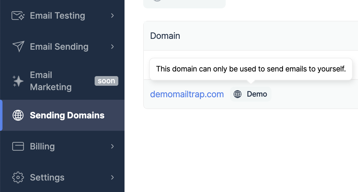 Demo domain showing restriction message that it can only send to yourself