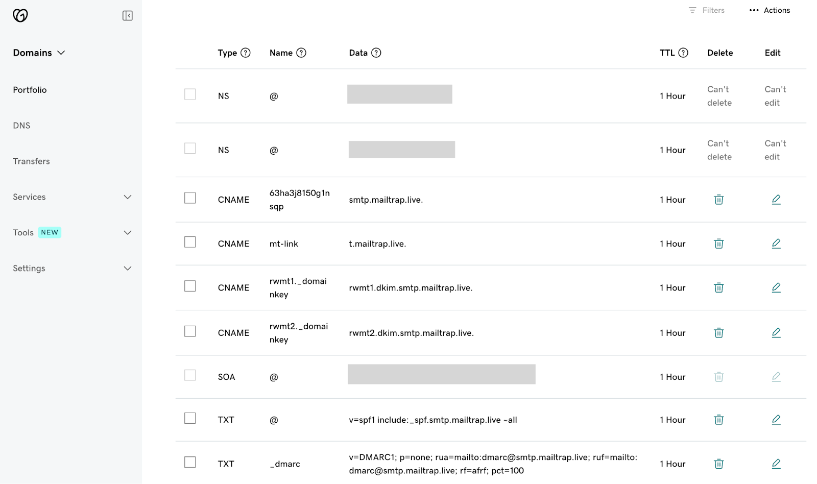 GoDaddy DNS records table showing all Mailtrap DNS records added