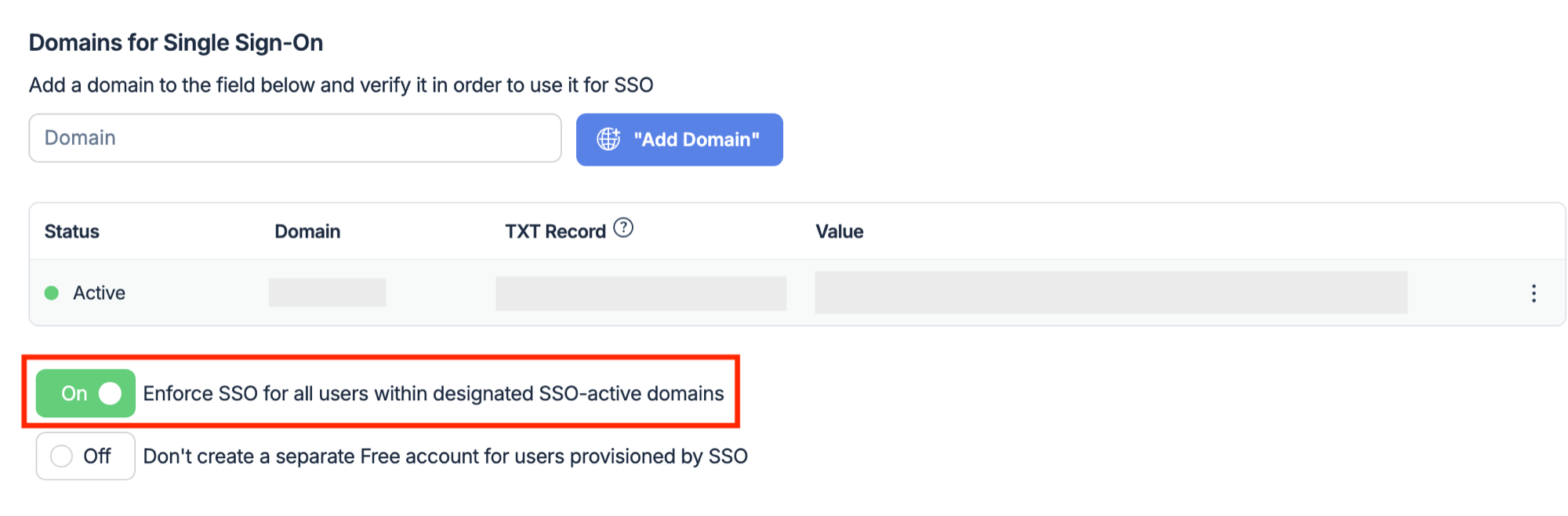SSO enforcement toggle enabled for designated SSO-active domains highlighted