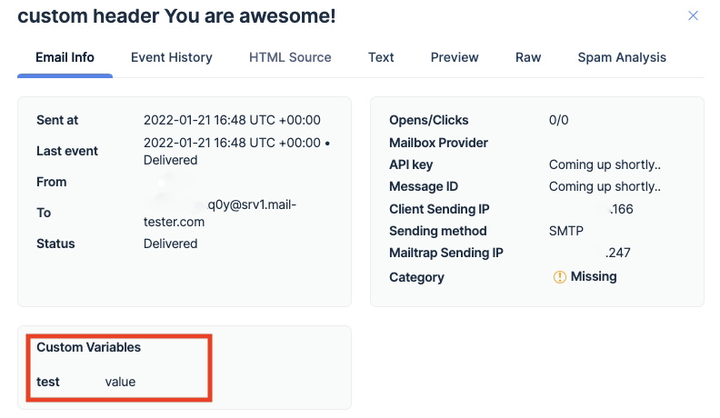 Custom variables displayed in Mailtrap UI showing variable names and values
